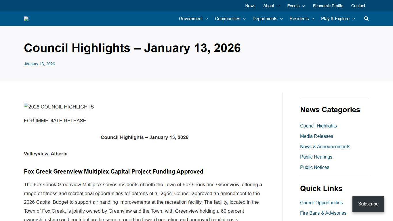 Council Highlights – January 13, 2026 | MD Greenview No. 16